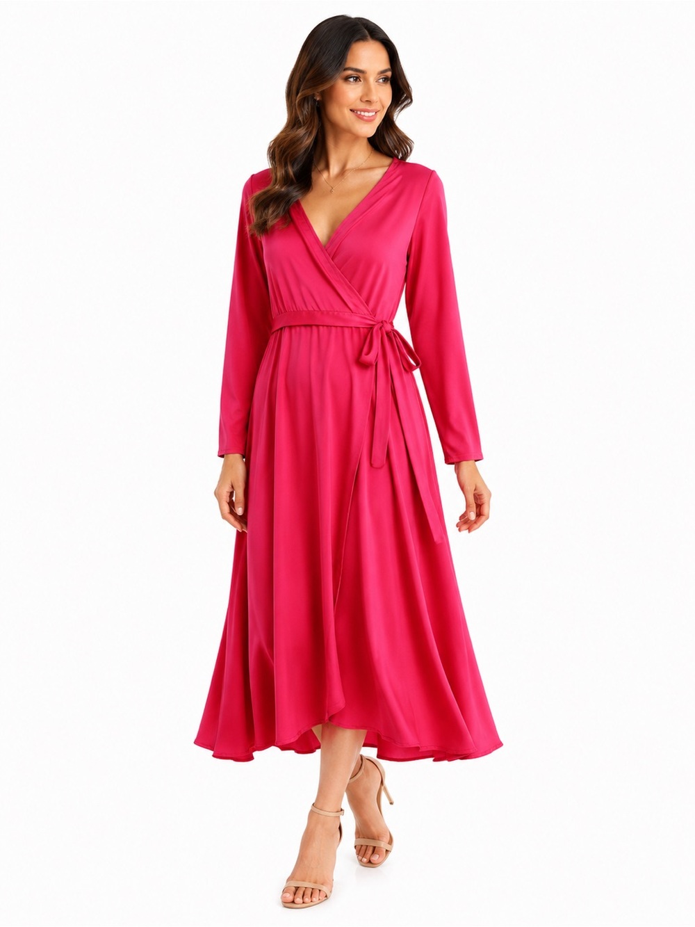 NSR Fuchsia Wrap Midi Dress | Size Medium | NWT | Long Sleeve